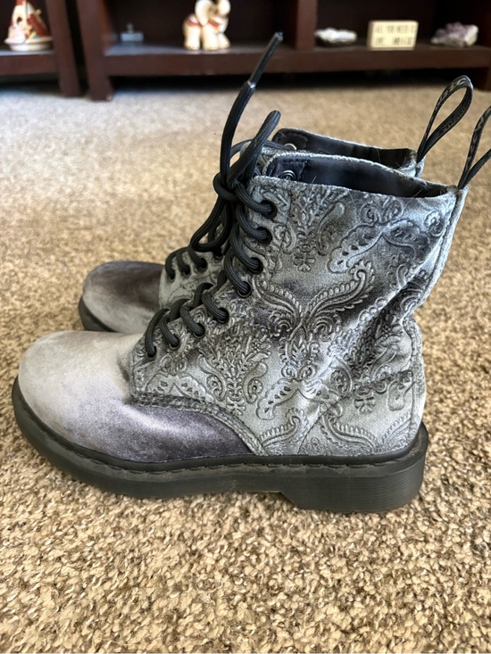 Dr. Martens Shoes - Gray Velvet Embossed Lace-Up Dr. Martens Women's Combat Boots